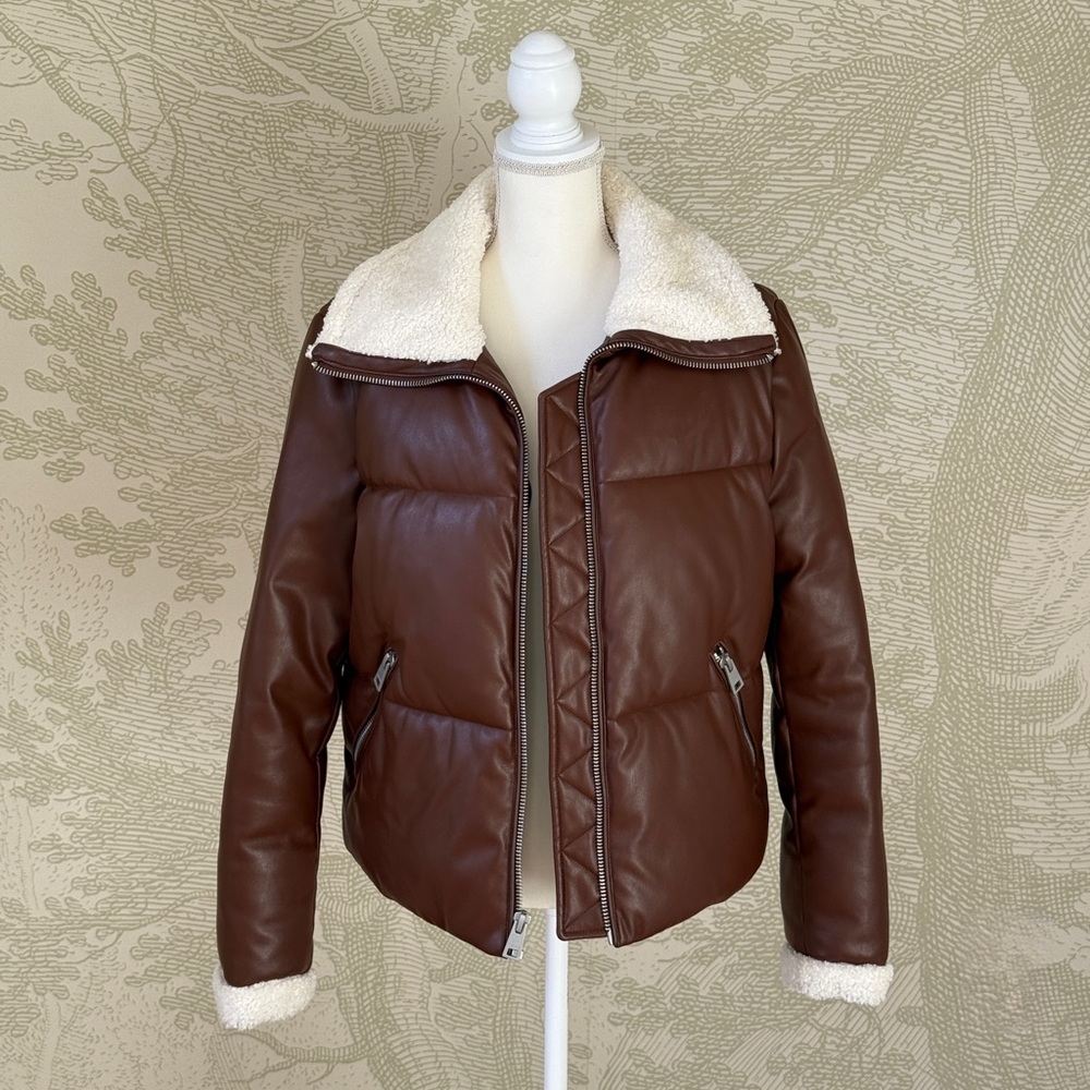 Levi's Faux Leather Puffer Jacket in Rich Brown Color with Sherpa Lined Collar